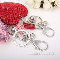 Heart Shaped Rhinestone Leather Keychain With Tassel Pendant